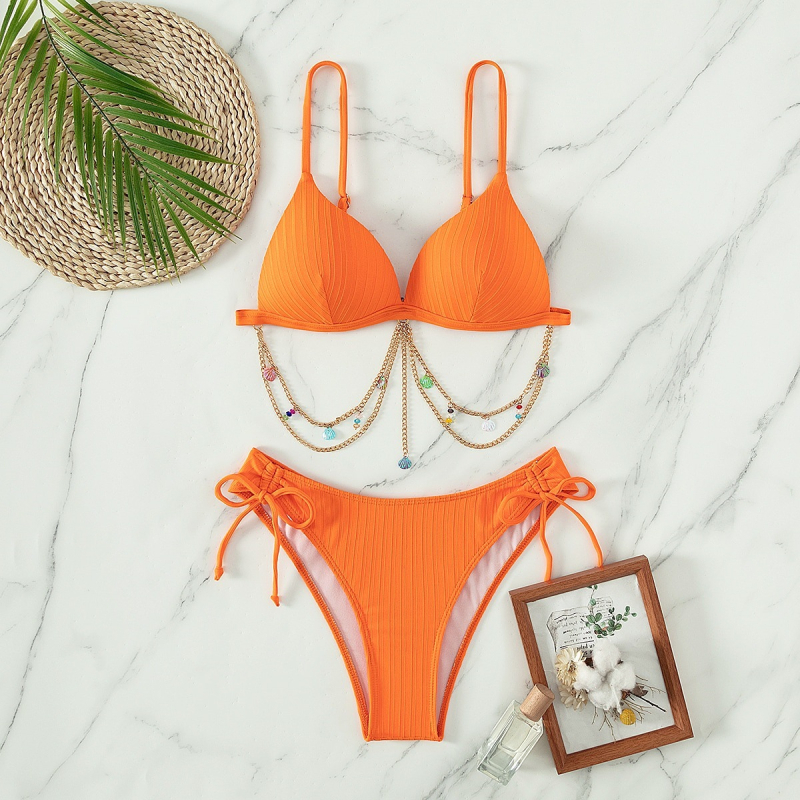 Bikini set s umetkom za grudi, jedinstvenog jednofarbnog uzorka, 18% elastan, južno-korejska svila za plivanje, podstava od poliestera