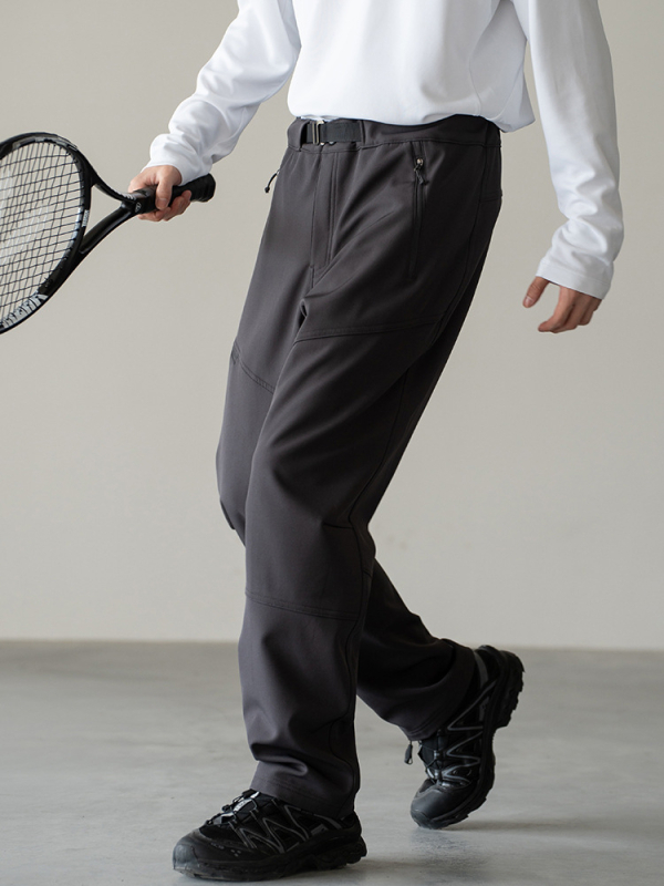 Pantaloni sport pentru bărbați, softshell de iarnă, rezistenți la vânt, croiți drept, talie medie, închidere cu fermoar și curea, 92% poliester, 8% spandex