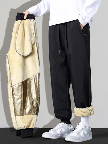 Pantaloni bărbați din lână de miel, cu elasticitate patru direcții, căptușiți cu fleece, croială lejeră, talie medie, închidere cu șnur, lungime integrală