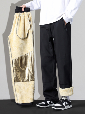 Pantaloni bărbați din lână de miel, cu elasticitate patru direcții, căptușiți cu fleece, croială lejeră, talie medie, închidere cu șnur, lungime integrală