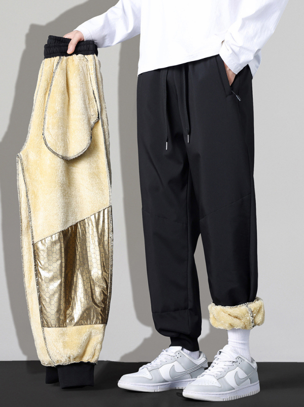 Pantaloni bărbați din lână de miel, cu elasticitate patru direcții, căptușiți cu fleece, croială lejeră, talie medie, închidere cu șnur, lungime integrală