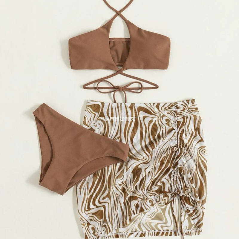 Trodjelni bikini set s otiskom, brzo se suši, visoka elastičnost, prilagođen kroj tijela, s podstavljenim košaricama