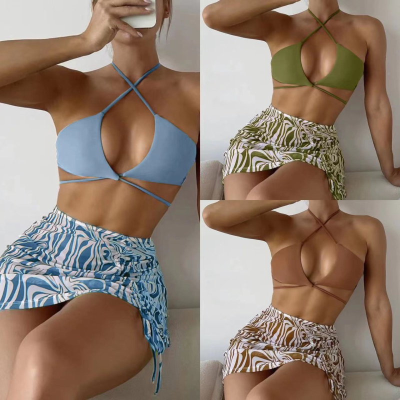 Trodjelni bikini set s otiskom, brzo se suši, visoka elastičnost, prilagođen kroj tijela, s podstavljenim košaricama