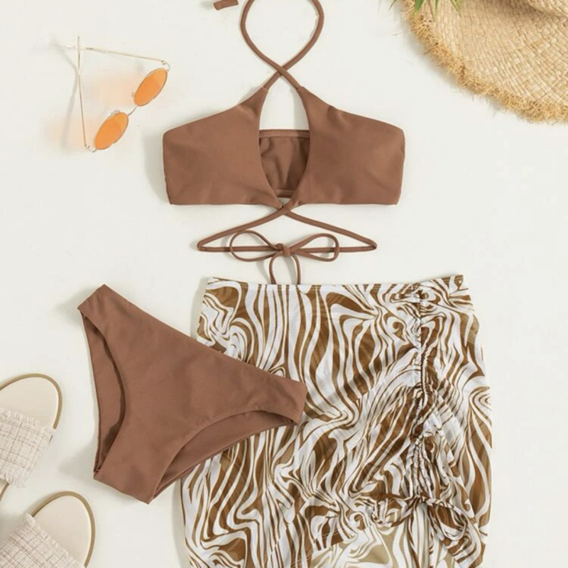 Trodjelni bikini set s otiskom, brzo se suši, visoka elastičnost, prilagođen kroj tijela, s podstavljenim košaricama