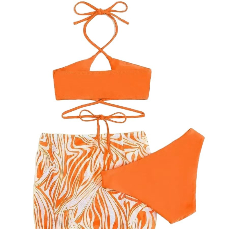 Trodjelni bikini set s otiskom, brzo se suši, visoka elastičnost, prilagođen kroj tijela, s podstavljenim košaricama