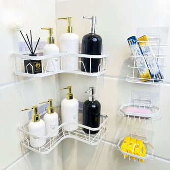 Raft de depozitare triunghiular fără găuri, montat cu ventuză, din oțel carbon, 1 etaj, pentru machiaj, baie și bucătărie, economisește spațiul