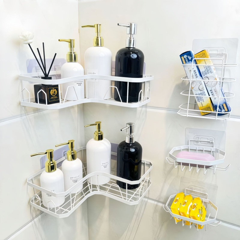 Raft de depozitare triunghiular fără găuri, montat cu ventuză, din oțel carbon, 1 etaj, pentru machiaj, baie și bucătărie, economisește spațiul