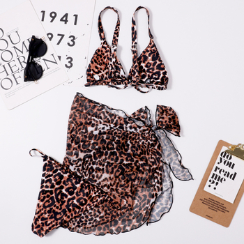 Costum de baie trei piese, imprimeu leopard cu plasă, top căptușit, poliester 82% / căptușire 18%, greutate 190 g