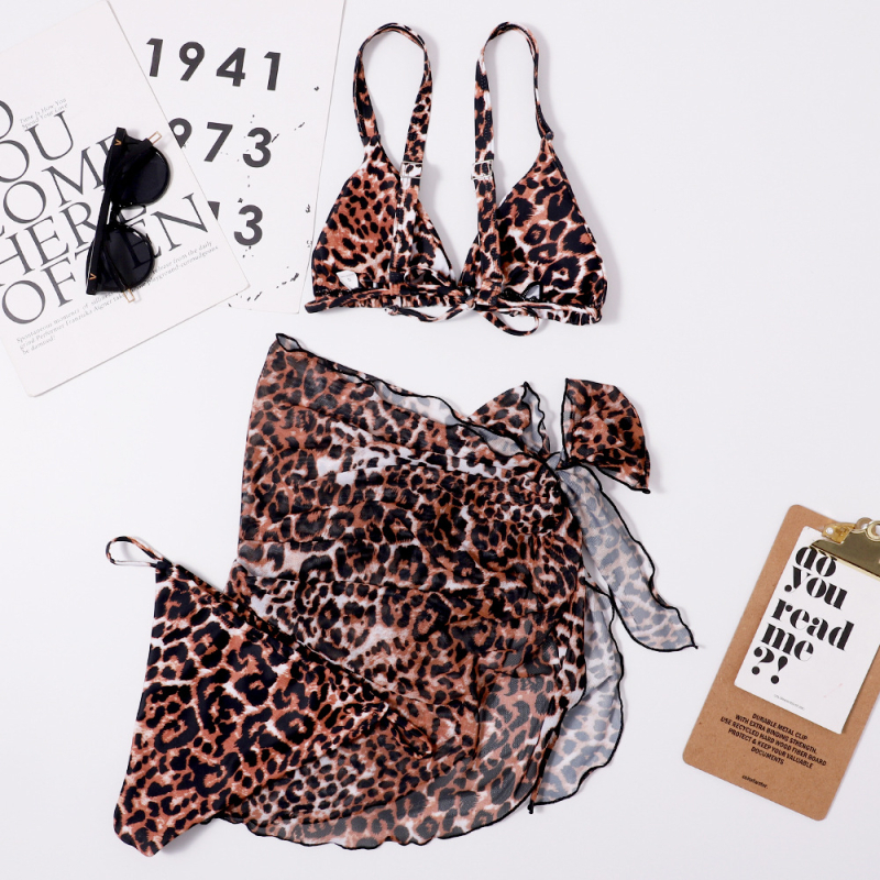 Costum de baie trei piese, imprimeu leopard cu plasă, top căptușit, poliester 82% / căptușire 18%, greutate 190 g