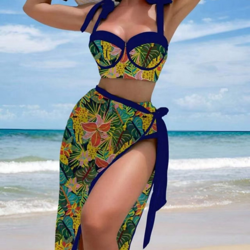 Trojedilni bikini set s topom s podrškom i mrežastom suknom za plažu, poliester, 230 g, za odrasle žene
