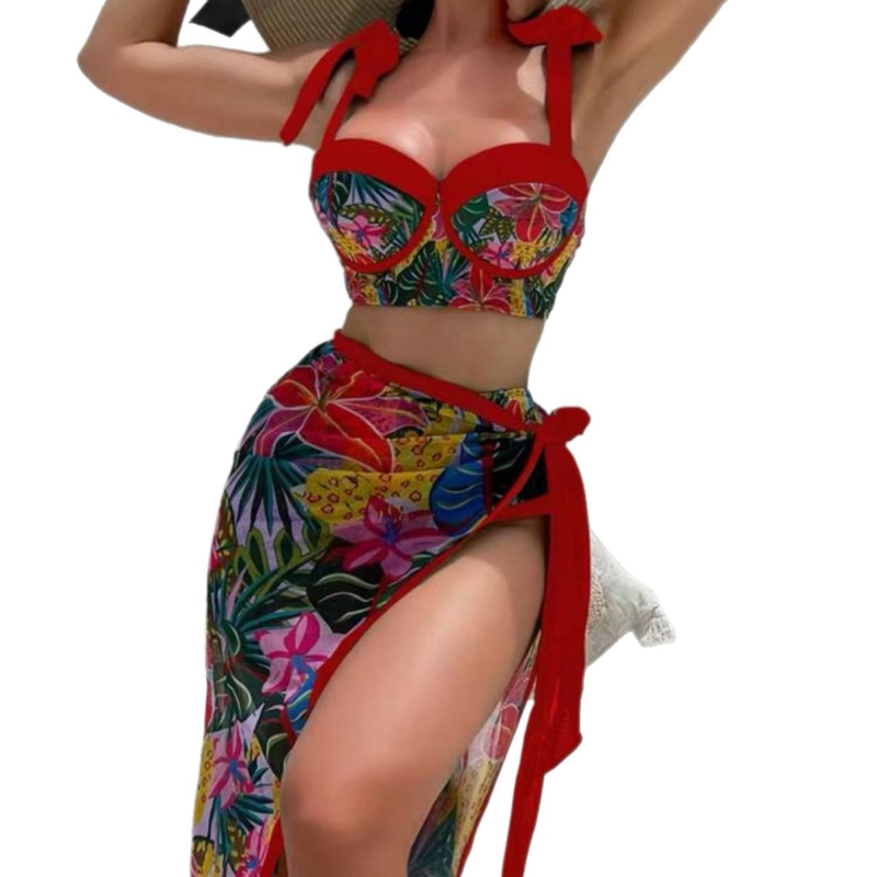Trojedilni bikini set s topom s podrškom i mrežastom suknom za plažu, poliester, 230 g, za odrasle žene