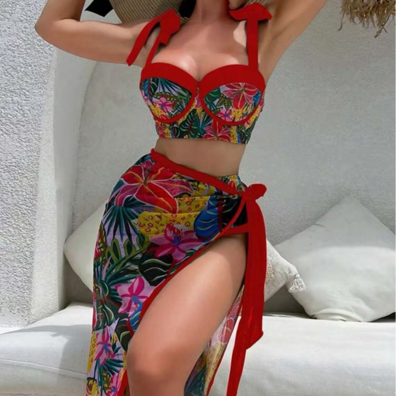 Trojedilni bikini set s topom s podrškom i mrežastom suknom za plažu, poliester, 230 g, za odrasle žene