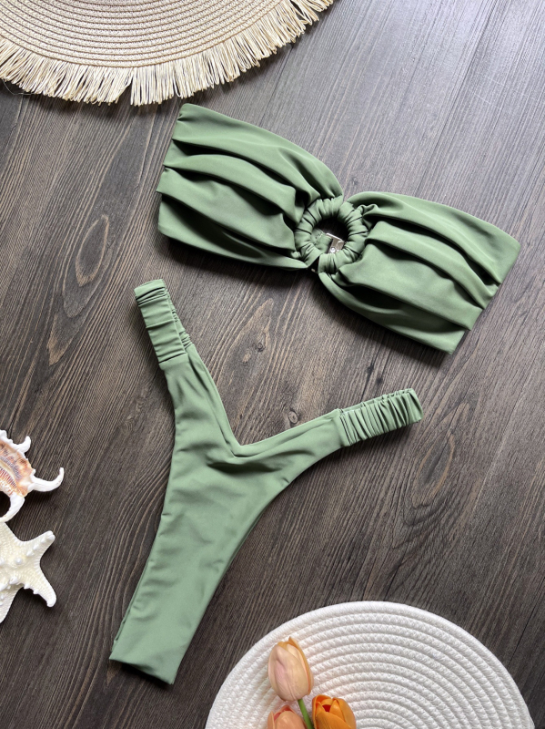 Bikini set 2024 s plisiranim detaljem, najlonski materijal, brzo sušenje, visoka elastičnost, jastučići za grudni koš, pamučna podstava