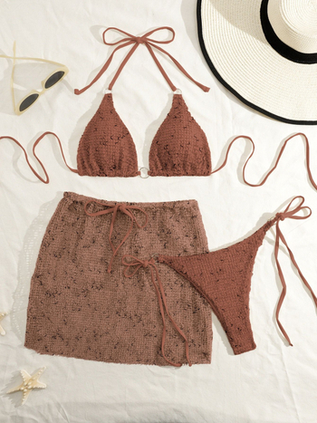 Trodjelni bikini set s mrežastim panelom, trakama i otkrivenim leđima; s punom u košaricama, bez kostiju; materijal: poliester; podstava: poliester s elastanom; za žene; pogodno za plivanje i vodene sportove
