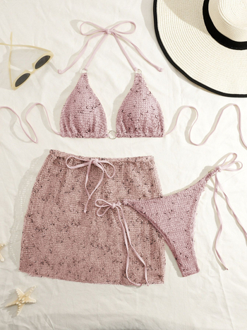 Trodjelni bikini set s mrežastim panelom, trakama i otkrivenim leđima; s punom u košaricama, bez kostiju; materijal: poliester; podstava: poliester s elastanom; za žene; pogodno za plivanje i vodene sportove