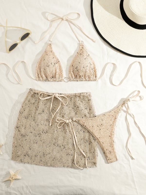 Trodjelni bikini set s mrežastim panelom, trakama i otkrivenim leđima; s punom u košaricama, bez kostiju; materijal: poliester; podstava: poliester s elastanom; za žene; pogodno za plivanje i vodene sportove