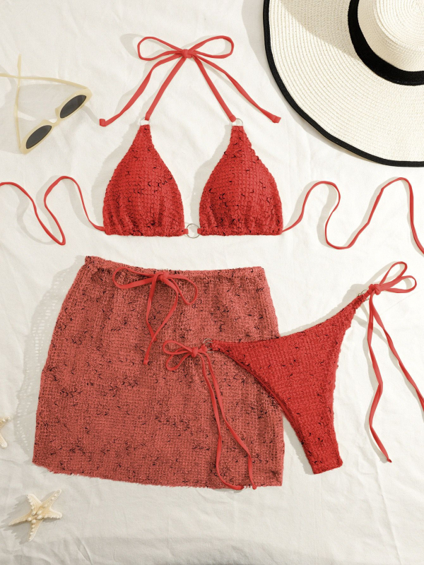 Trodjelni bikini set s mrežastim panelom, trakama i otkrivenim leđima; s punom u košaricama, bez kostiju; materijal: poliester; podstava: poliester s elastanom; za žene; pogodno za plivanje i vodene sportove