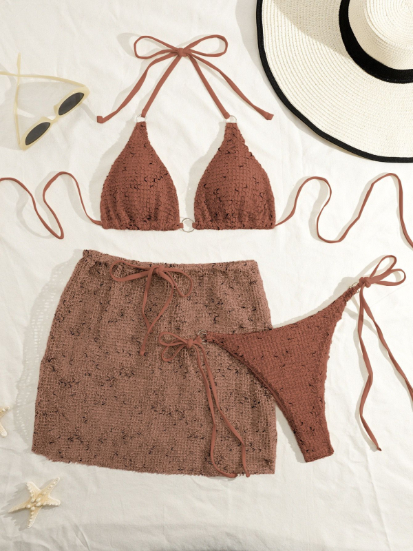 Trodjelni bikini set s mrežastim panelom, trakama i otkrivenim leđima; s punom u košaricama, bez kostiju; materijal: poliester; podstava: poliester s elastanom; za žene; pogodno za plivanje i vodene sportove