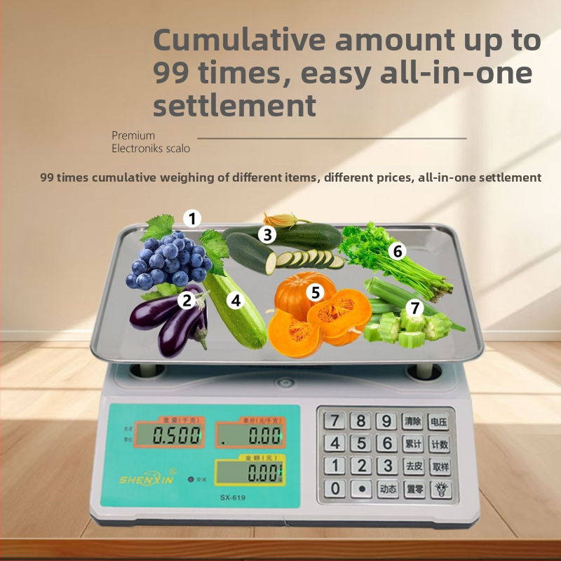Shenxin 30 kg elektronická váha pre trhové stánky – vysoká presnosť, rozsah merania 10 g–30 kg, model 619 s nerezovým tlačidlom, Napájanie zo siete alebo batérií, Určená na oceňovanie zeleniny