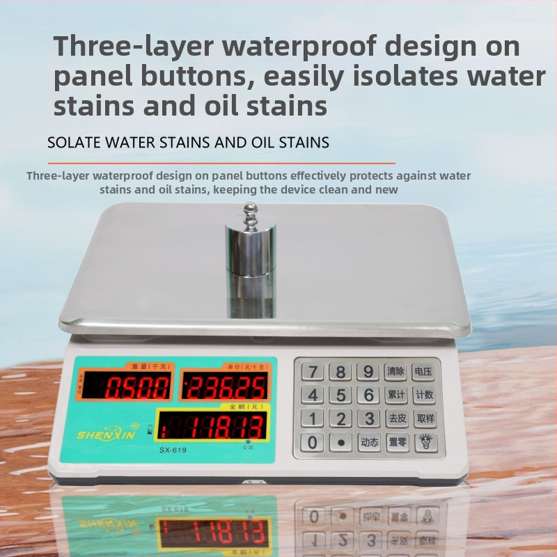 Shenxin 30 kg elektronická váha pre trhové stánky – vysoká presnosť, rozsah merania 10 g–30 kg, model 619 s nerezovým tlačidlom, Napájanie zo siete alebo batérií, Určená na oceňovanie zeleniny