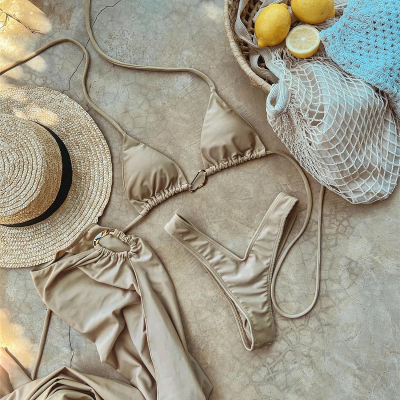 Tri-dijelni seksi bikini set s napuhanim poprsjem, najlon tkanina s poliesterom podstavom, bez žice