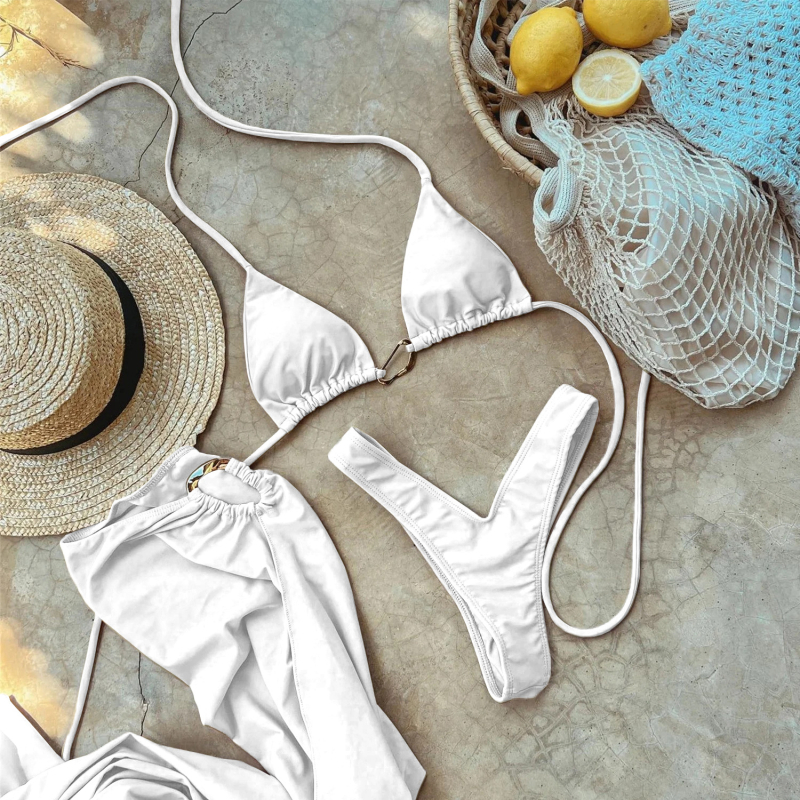 Tri-dijelni seksi bikini set s napuhanim poprsjem, najlon tkanina s poliesterom podstavom, bez žice