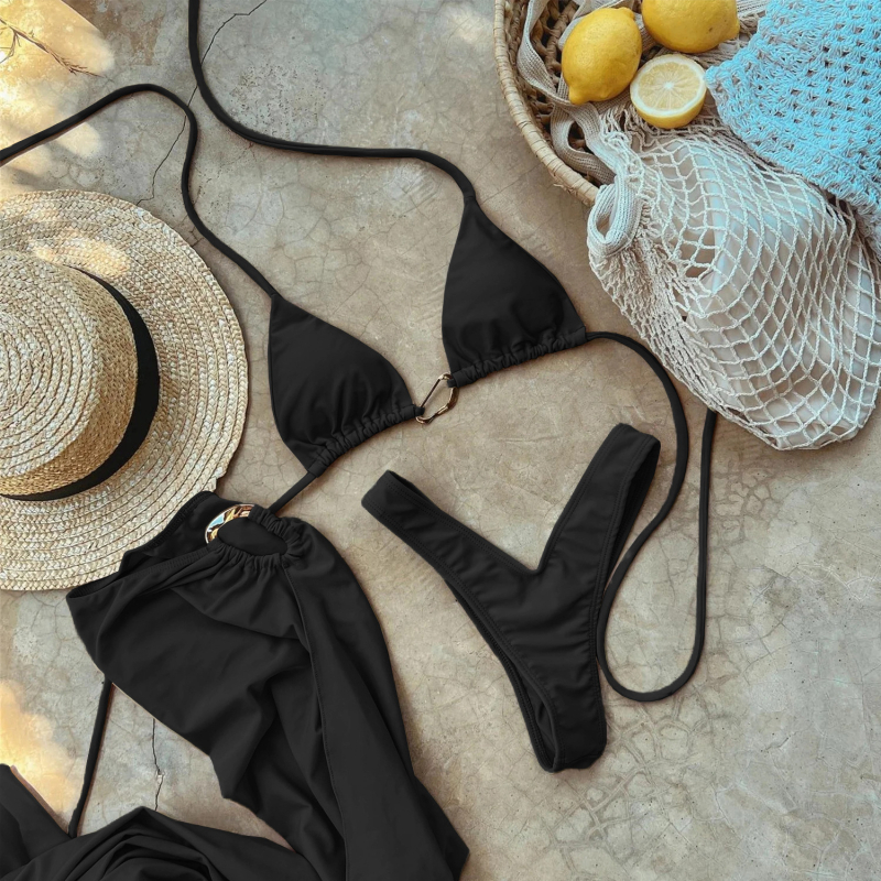 Tri-dijelni seksi bikini set s napuhanim poprsjem, najlon tkanina s poliesterom podstavom, bez žice