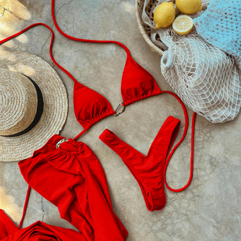 Tri-dijelni seksi bikini set s napuhanim poprsjem, najlon tkanina s poliesterom podstavom, bez žice