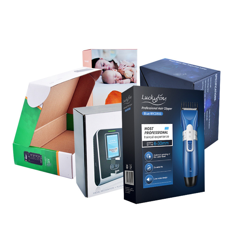 Krabica na balenie elektronických výrobkov — prispôsobiteľná pre holiace strojčeky a Bluetooth slúchadlá; tlač loga k dispozícii; 250gsm biely kartón + vlnitý papier; povrchové úpravy: flokovanie, ofset, sieťotlač, reliéf, UV tlač, gravírovanie, horúce raz