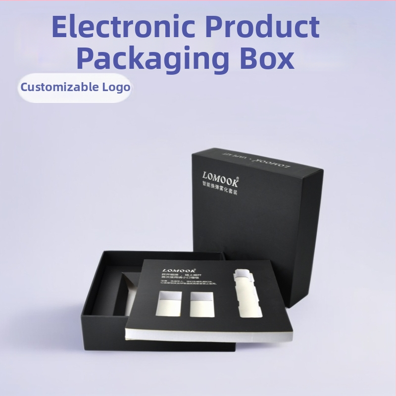 Krabica na balenie elektronických výrobkov s vnútorným zásobníkom, víčkom a spodným krytom — prispôsobiteľná, z papiera/kartónu, krabica s horným a spodným krytom, tlač loga, flokovanie, ofsetový tlač a strieborný horúci raz