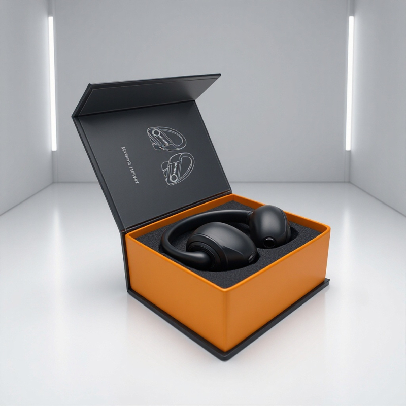 Krabička na slúchadlá s flipom, prispôsobiteľné papierovo-kartónové balenie, UV tlač 1200gsm a strieborné horúce razenie, tlač loga k dispozícii