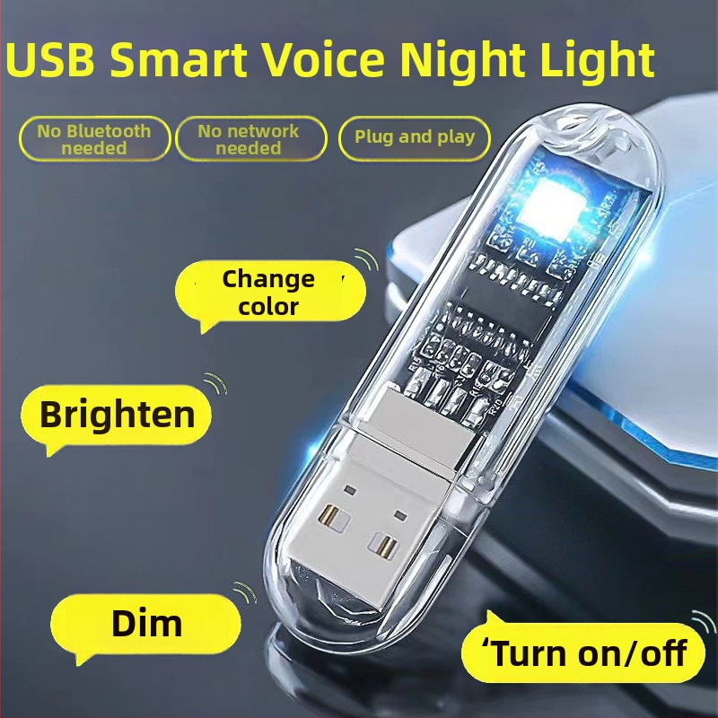Lampă de noapte cu control vocal USB, iluminare LED, carcasă din plastic transparent, alimentare USB