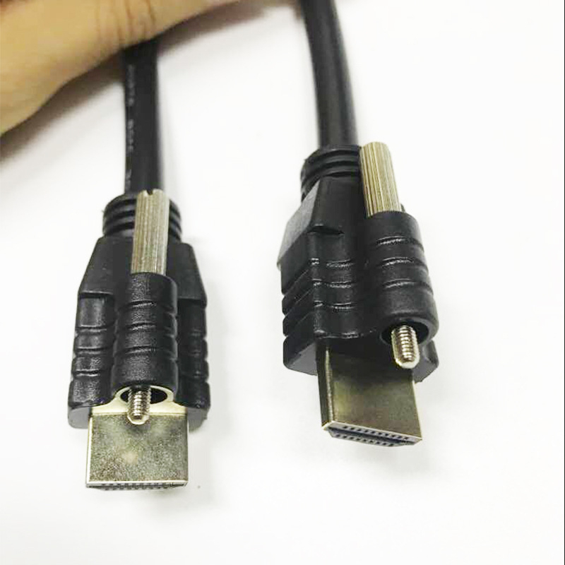 Conector HDMI macho–macho cu șuruburi, 19 pini, ureche fixă, tijă metalică M3, suport 4K