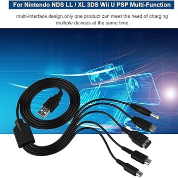 USB punjački kabel pet u jedan za 3DS, NDS Lite, SP, Wii U i PSP | ABS materijal, model WL-002, moguć ispis logotipa, prilagodba prema crtežima.