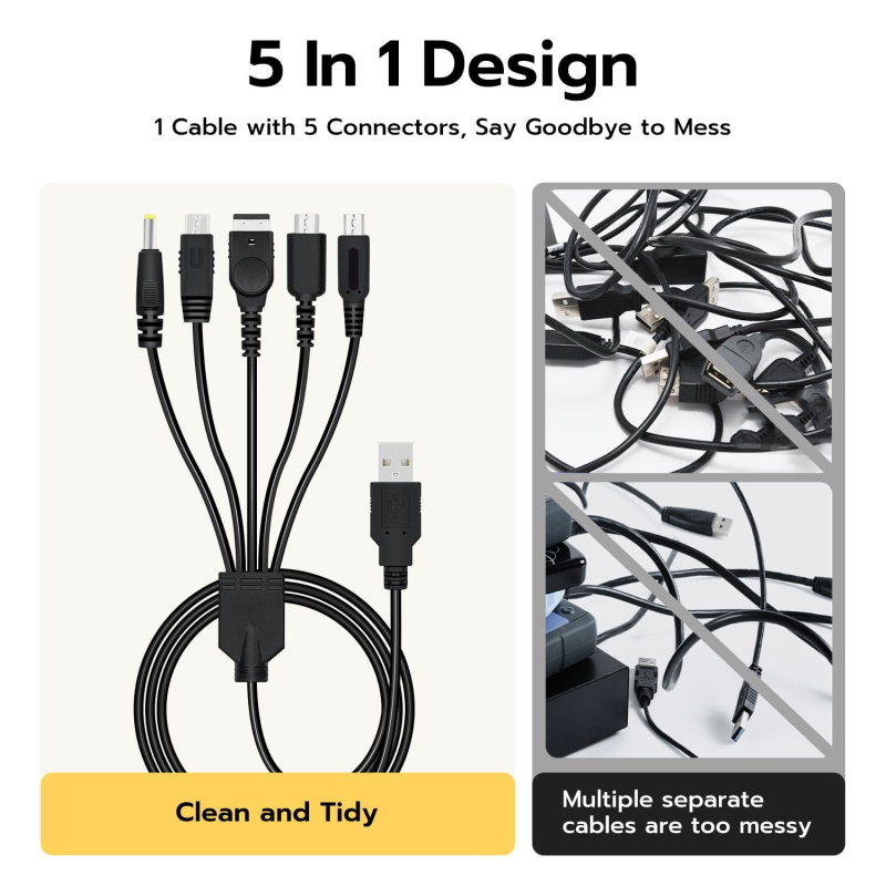 USB punjački kabel pet u jedan za 3DS, NDS Lite, SP, Wii U i PSP | ABS materijal, model WL-002, moguć ispis logotipa, prilagodba prema crtežima.