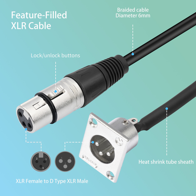 Signalni XLR audio kabel: ženski XLR na D-Type XLR muškom, niklano kućište, jezgra od čistog bakra, bakreni vodič, težina 75 g