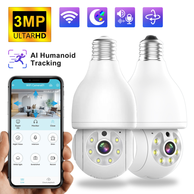 Camera bec E27 cu Wi‑Fi și PTZ, iluminare minimă 0.001 lux, utilizare în interior, alimentare 220V, notificări push
