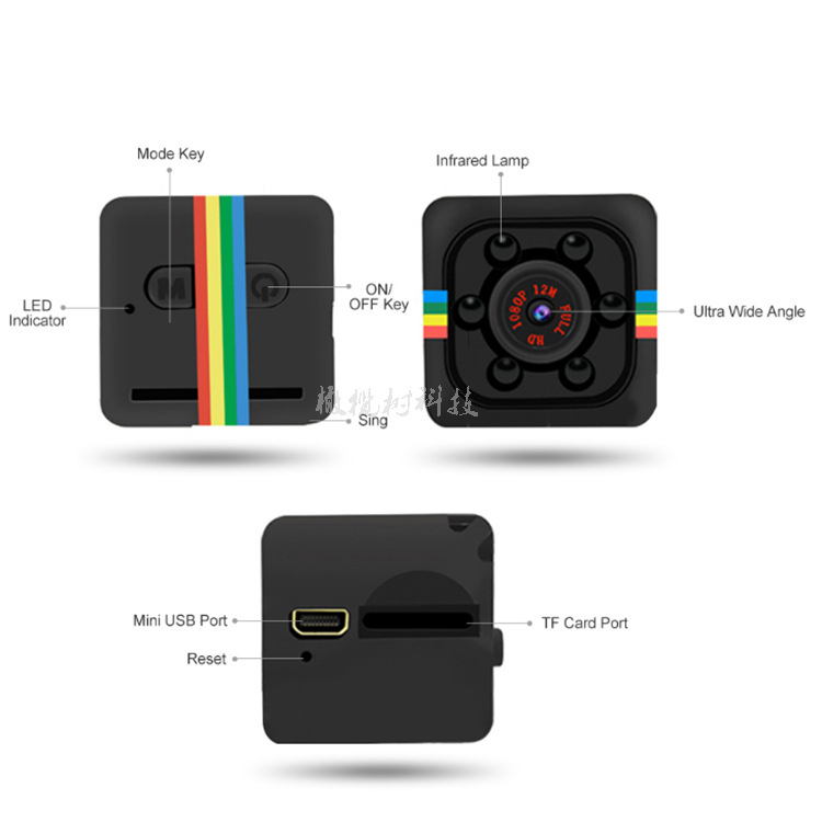 SQ11 mini cameră de acțiune, 1080P video HD, viziune de noapte, stocare pe card TF, autonomie baterie 40–70 minute