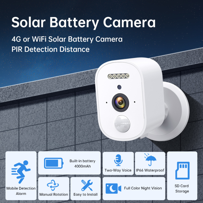 Cameră de rețea cu consum redus de energie, Wi‑Fi și 4G — 1080P, lentilă 4 mm, 0.001 lux iluminare minimă, IR până la 15 m, alimentare 5V