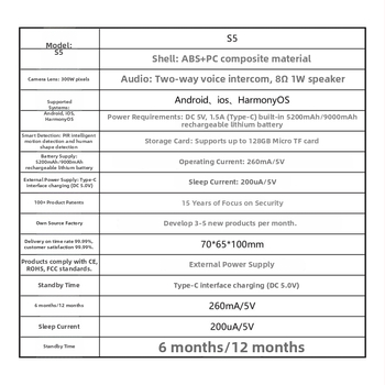 Camera de supraveghere wireless, alimentată solar, pentru exterior, cu vizionare nocturnă și montaj fără găuri, rezoluție 2304x1290, obiectiv 3.6 mm, 0.001 lux, IR 8–15 m, model S5-SP