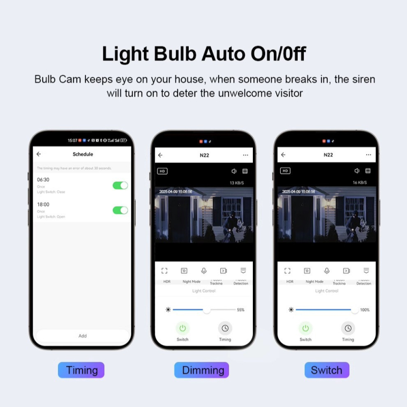 Cameră bec E27 cu Wi-Fi, interior, iluminare minimă 0.002 lux, compensare iluminare de fundal, 110–240 V, funcție alarmă