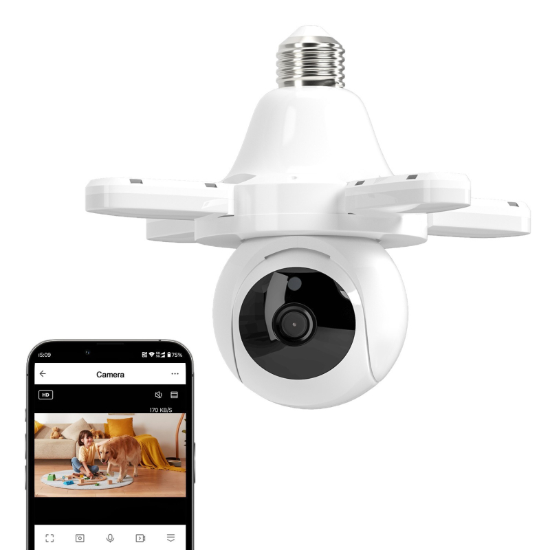 Cameră bec E27 cu Wi-Fi, interior, iluminare minimă 0.002 lux, compensare iluminare de fundal, 110–240 V, funcție alarmă