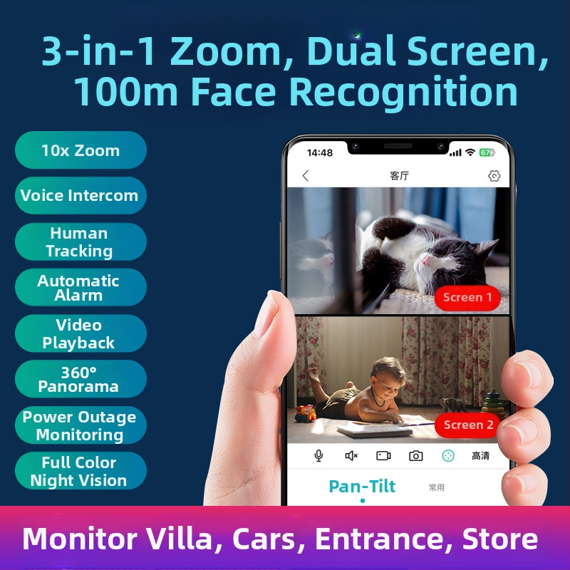 Cameră de supraveghere cu două lentile, PTZ interioră, Wi‑Fi, Full HD (0.002 lux, -40°C până la 70°C, 5V, Compensare iluminare de fundal, Alarmă)