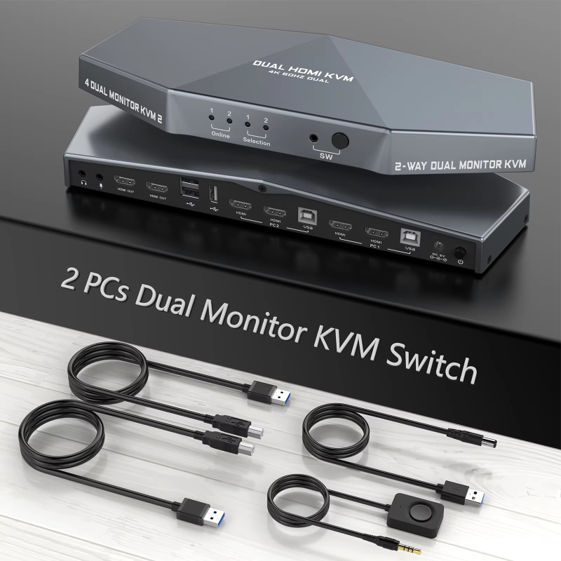 KVM διακόπτης — HDMI διπλό διακόπτης, 4K60Hz πολλαπλών οθονών προβολή, έξοδος ήχου, έλεγχος πληκτρολογίου και ποντικιού (HDMI, 4K60Hz, πολλαπλών οθονών, ήχος)