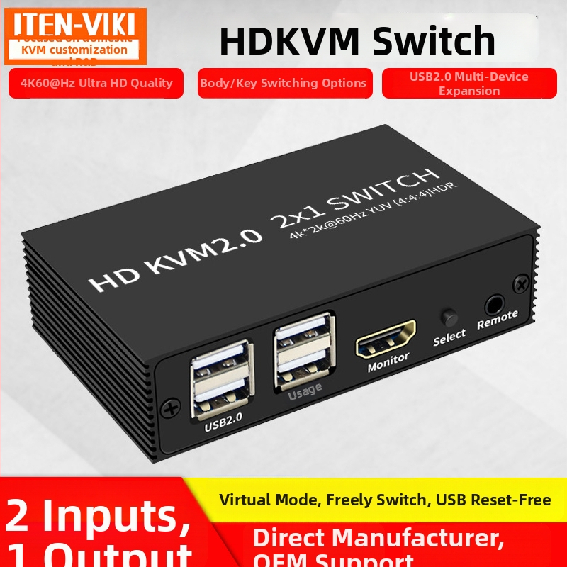 HDMI USB KVM prekidač, 2 ulaza/1 izlaz, 4K (3840×2160), vanjsko prebacivanje tipkom, kabel duljine 1,2 m, kompatibilan s Windows 7