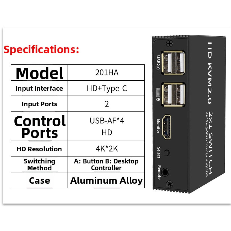 HDMI USB KVM prekidač, 2 ulaza/1 izlaz, 4K (3840×2160), vanjsko prebacivanje tipkom, kabel duljine 1,2 m, kompatibilan s Windows 7