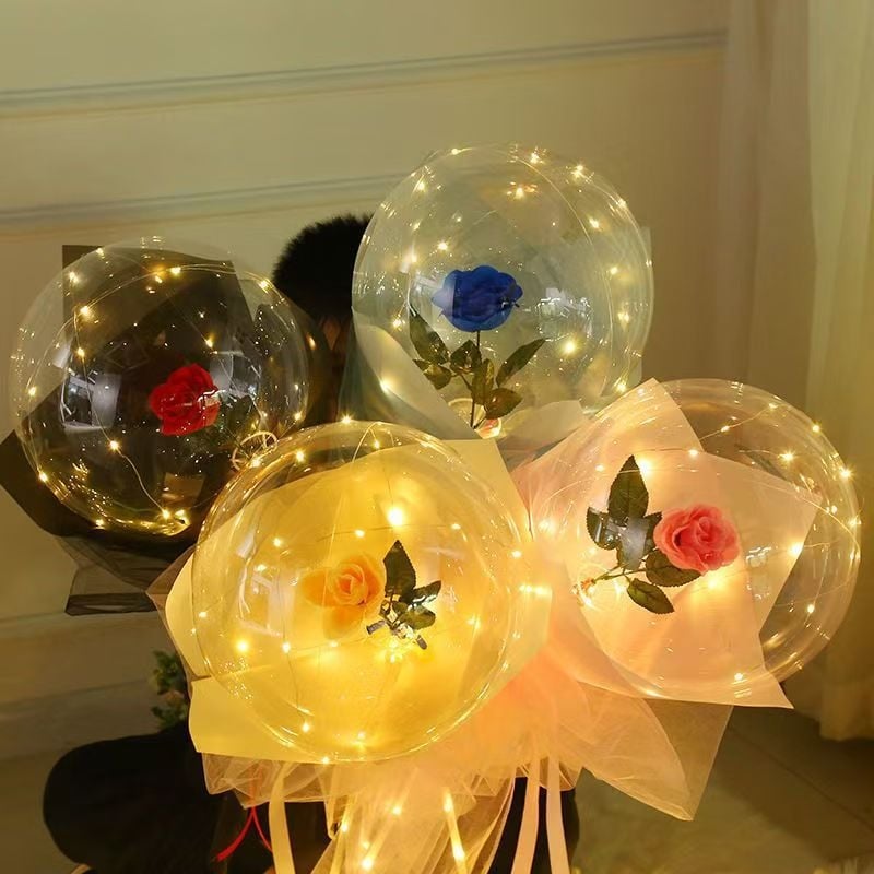 Balon LED transparent – Rose Wave Ball, folie de aluminiu, formă rotundă; potrivit pentru Ziua Îndrăgostiților, nunți, zile de naștere
