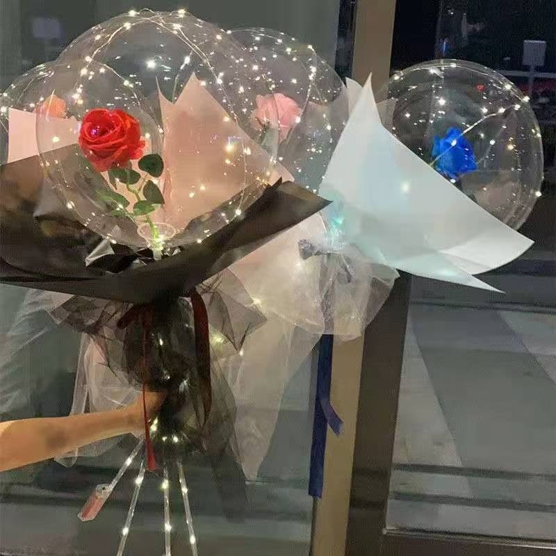 Balon LED transparent – Rose Wave Ball, folie de aluminiu, formă rotundă; potrivit pentru Ziua Îndrăgostiților, nunți, zile de naștere