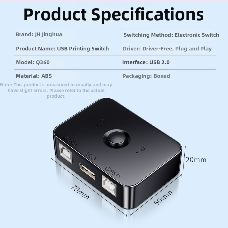 Jinghua USB prepínač tlačiarne Q360 — 2-portový zdieľovač tlačiarne, typ: prepínač/distributor