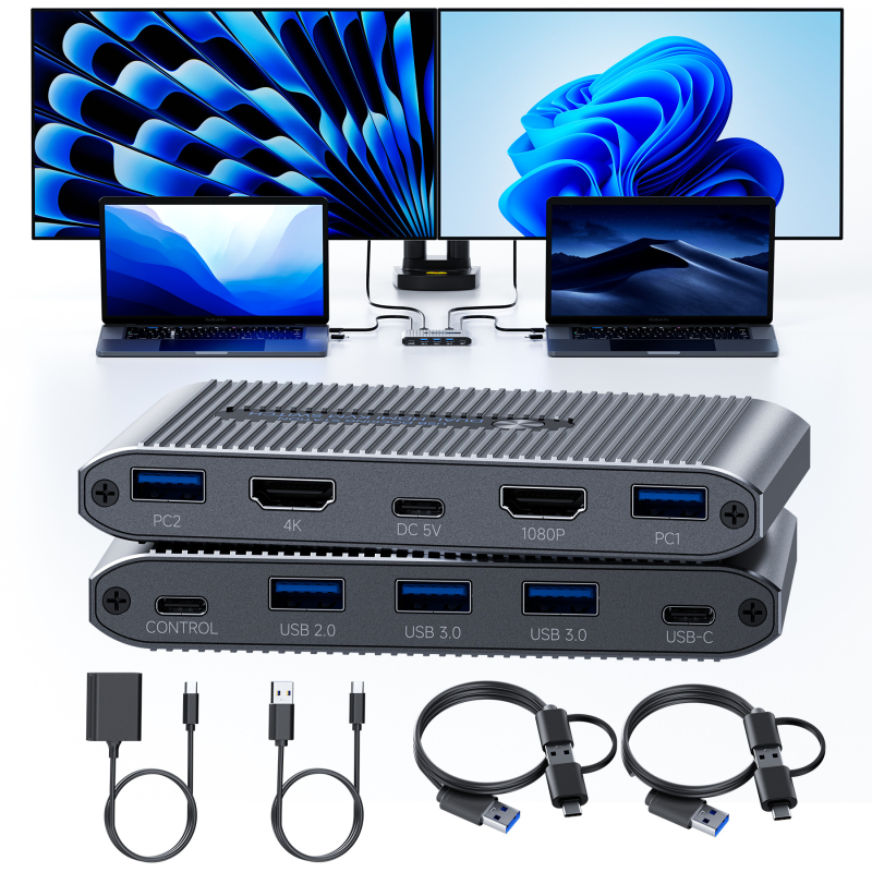 HDMI KVM διακόπτης με docking station, 2 είσοδοι, 6 έξοδοι, διπλό βίντεο
